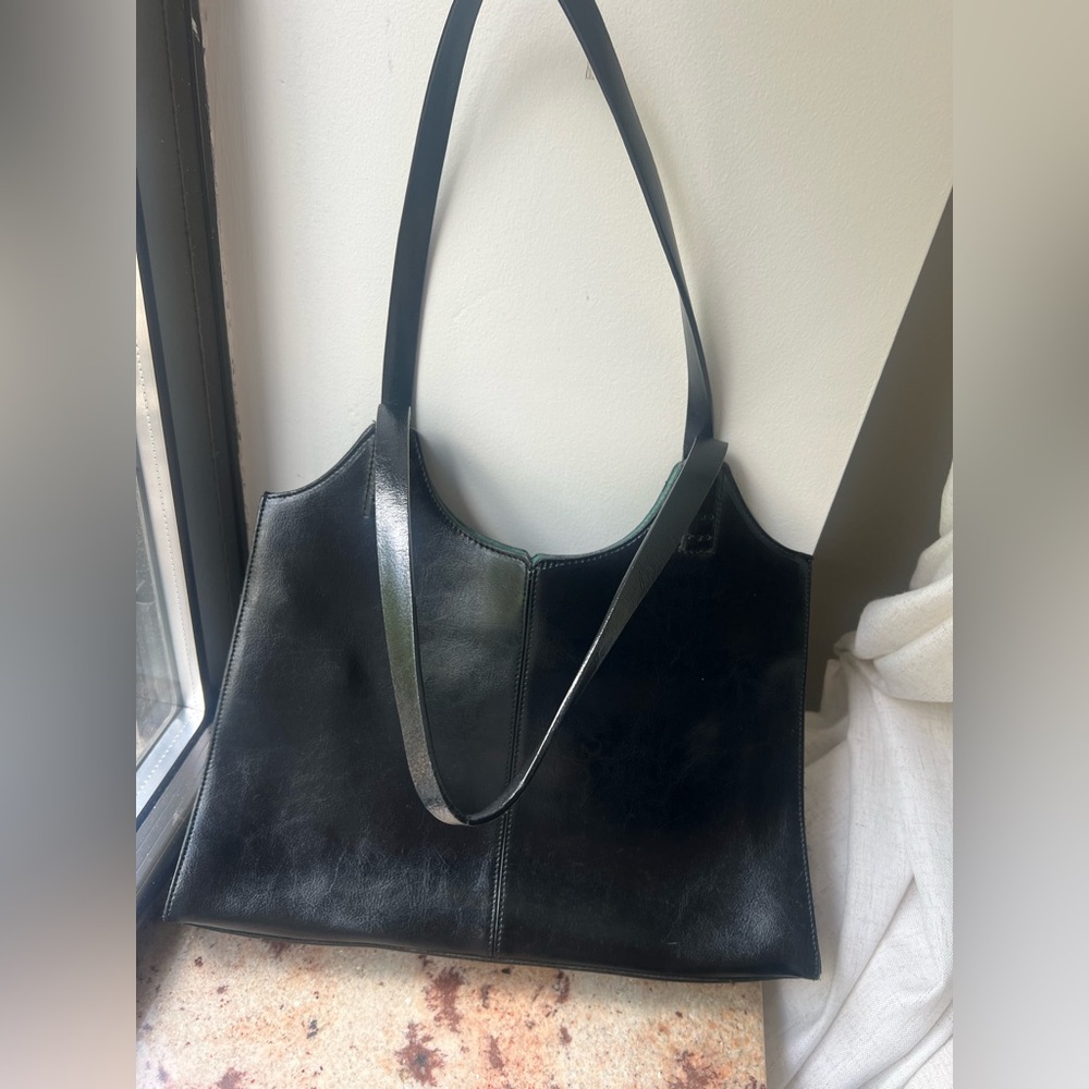 Alfani Black Leather Tote Bag Tiffany Blue lining